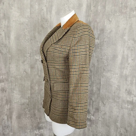 Vintage 80s 90s The Limited Plaid Wool Blend Blazer M Suede Collar‎ Equestrian - Picture 5 of 11